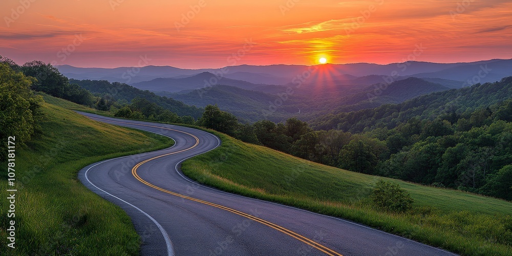 Serene sunset view of winding road through lush green hills for travel photography Serene sunset view of winding road through lush green hills for travel photography