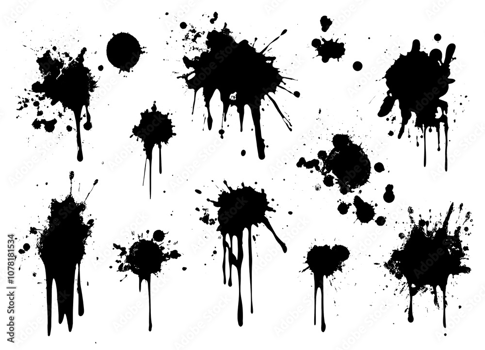 Collection of ink splatters in black. Isolated on transparent png Collection of ink splatters in black. Isolated on transparent png
