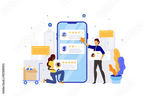 A cartoon man and a woman post product reviews in a mobile app. Online store support.