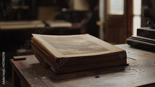 Wallpaper Mural A stack of old, vintage books with a landscape image on the cover sits on a wooden table in a printing press workshop. Torontodigital.ca