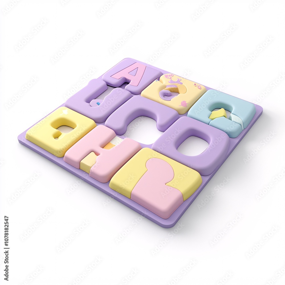 2408_037.A simple Alphabet foam mat for babies and toddlers, Pale violet color, white background, 3D Rendering, isometric 2408_037.A simple Alphabet foam mat for babies and toddlers, Pale violet color, white background, 3D Rendering, isometric