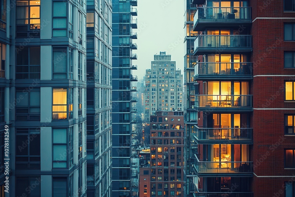 Obraz premium Downtown apartment buildings with modern designs, indicating rising city housing demand