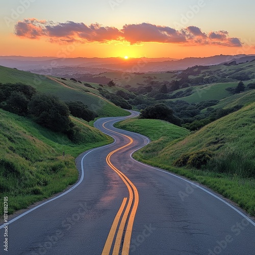 Serene sunset view of winding road through lush green hills for travel photography