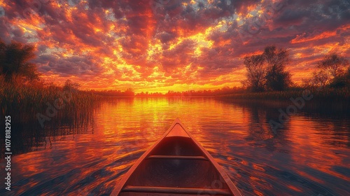 A canoe gliding through a serene lake at sunset.