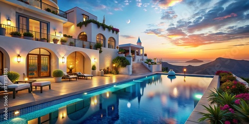 Luxurious Santorini Beachfront Poolside Hotel, 3D Render