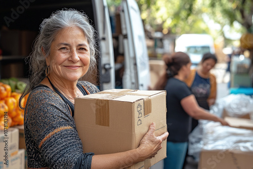 A smiling elderly woman holds in her hands a cardboard box with things for the homeless and those in need. Humanitarian assistance to refugees and the poor.	