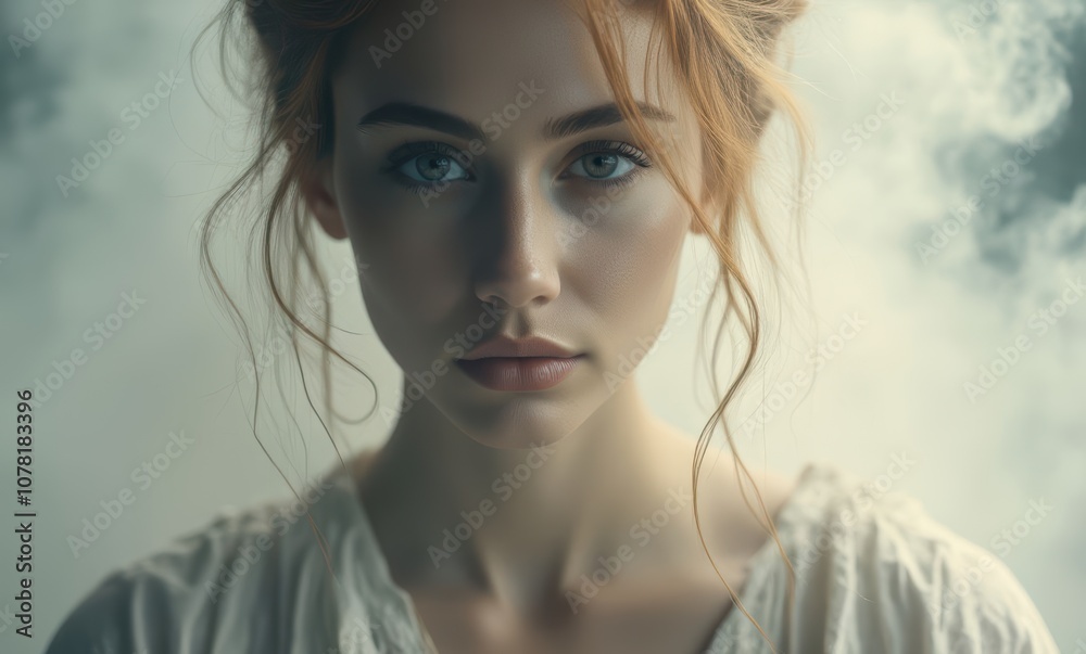 Young woman with captivating gaze and soft curls Young woman with captivating gaze and soft curls