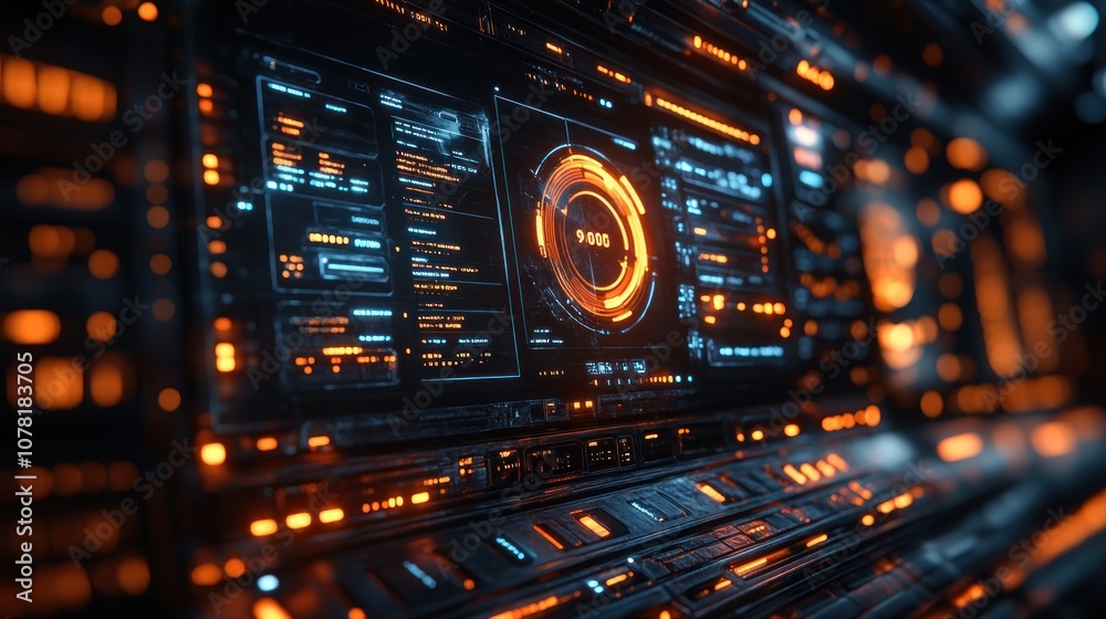 Obraz premium Futuristic control panel with glowing interfaces and data displays.