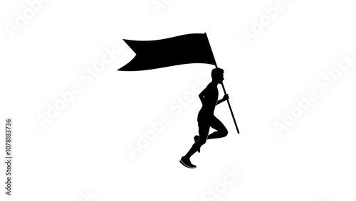 man running with flag, black isolated silhouette