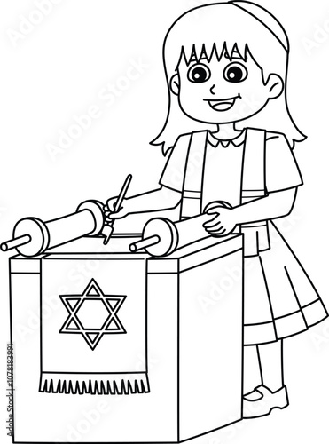 Bat Mitzvah Girl Reading the Torah Isolated 