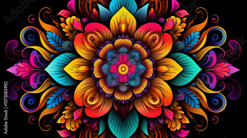 Bright colorful mandala with petals and swirls on black