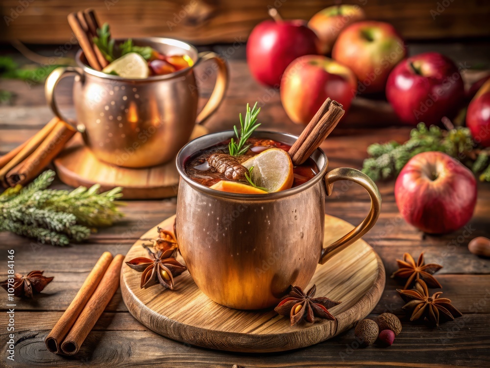 Apple Moscow Mule Cocktail in a Copper Mug Surrounded by Autumnal Decor on a Rustic Wooden Background with Honey, Apple Slices, Thyme, and Cinnamon for Cozy Evening Vibes Apple Moscow Mule Cocktail in a Copper Mug Surrounded by Autumnal Decor on a Rustic Wooden Background with Honey, Apple Slices, Thyme, and Cinnamon for Cozy Evening Vibes