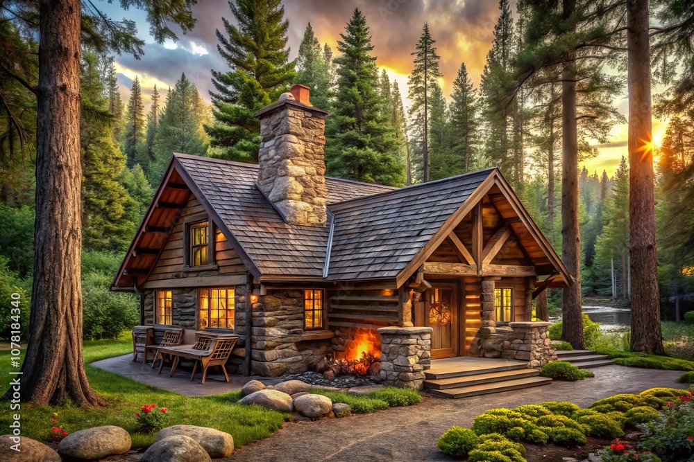 Architectural Drawing of a Rustic Cabin in the Woods Showcasing Log Construction, Stone Chimney, and Cozy Atmosphere for Home Design and Nature Lovers Architectural Drawing of a Rustic Cabin in the Woods Showcasing Log Construction, Stone Chimney, and Cozy Atmosphere for Home Design and Nature Lovers