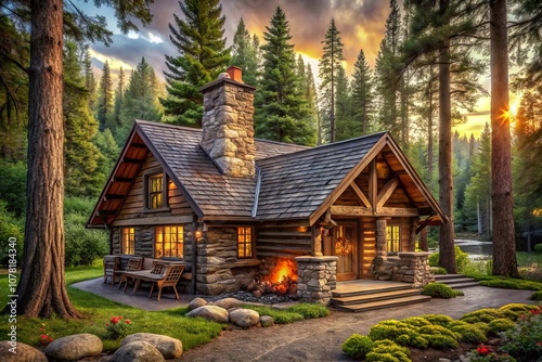 Architectural Drawing of a Rustic Cabin in the Woods Showcasing Log Construction, Stone Chimney, and Cozy Atmosphere for Home Design and Nature Lovers