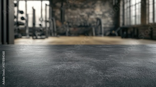 Dark Grey Concrete Table Top Blurred Gym Background Fitness Studio