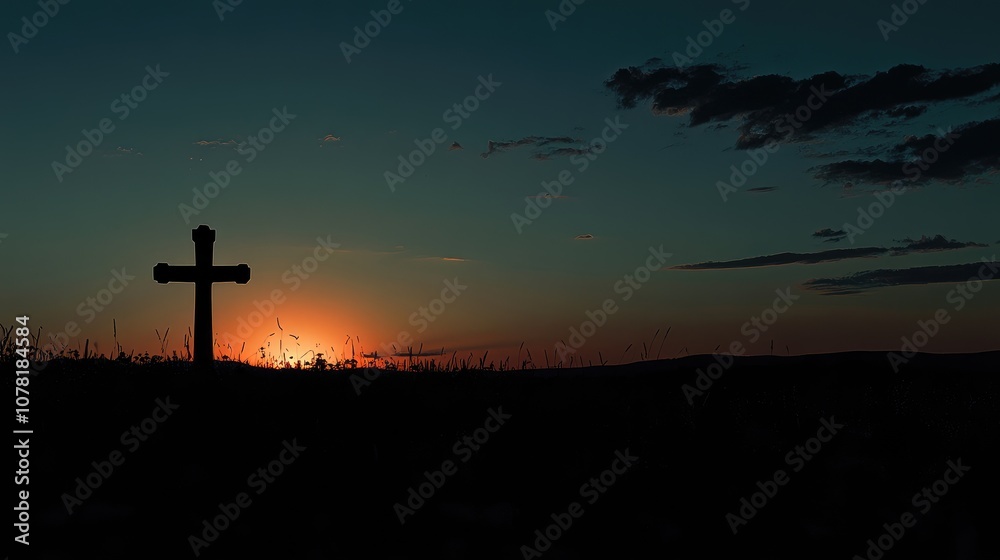 Cross silhouette at dawn with space for hopeful or reflective text on the left side Cross silhouette at dawn with space for hopeful or reflective text on the left side