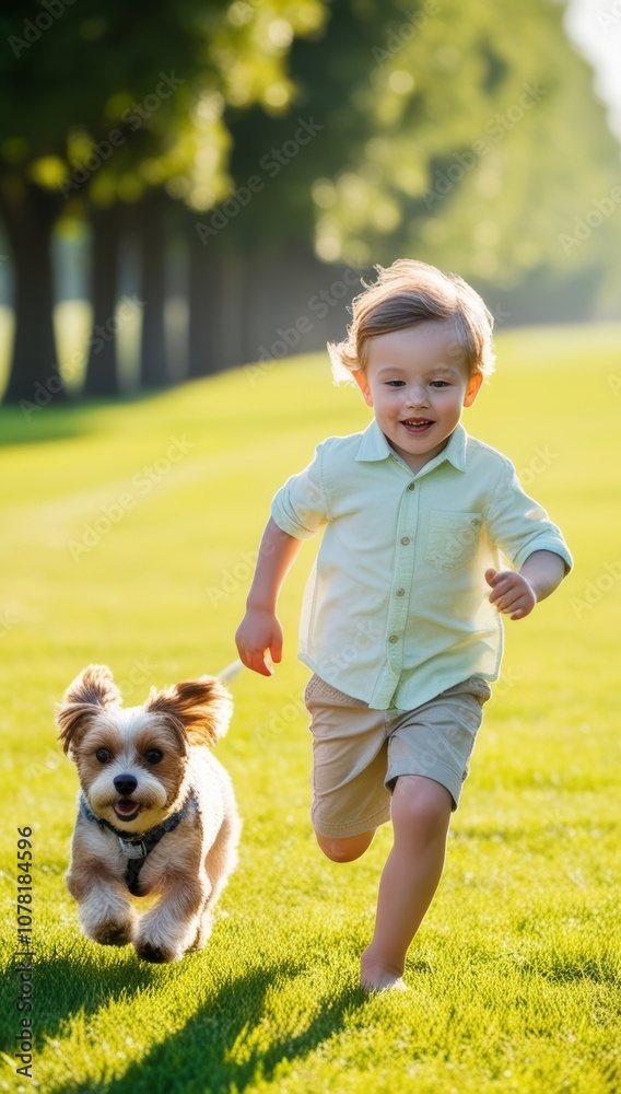 little cute boy playing with his dog in the park