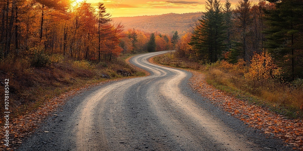 Serene sunset view of winding road through lush green hills for travel photography Serene sunset view of winding road through lush green hills for travel photography
