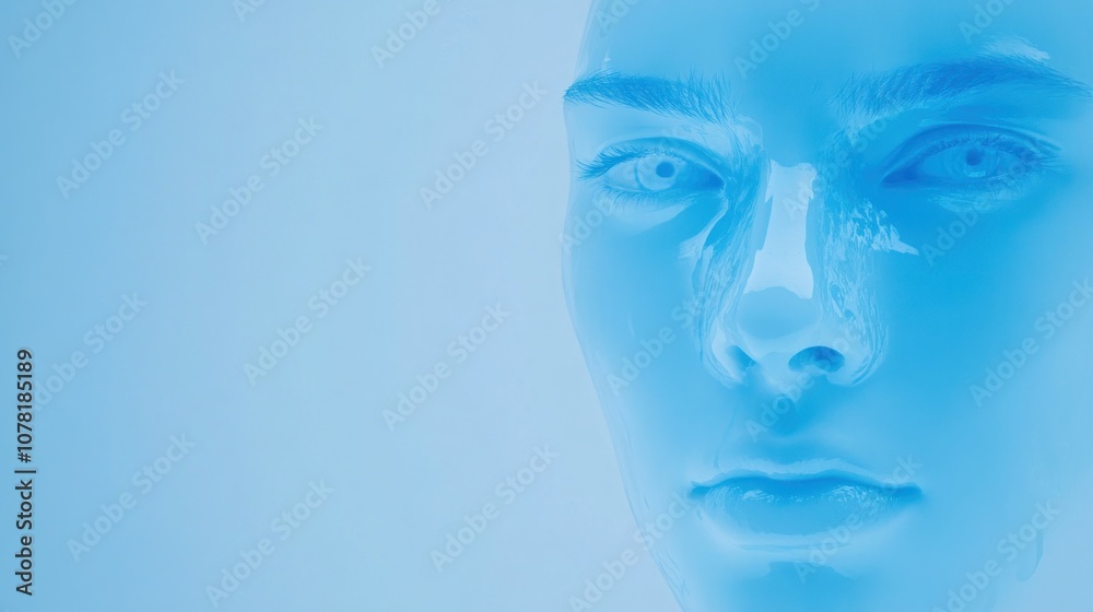 A close-up of a translucent blue mannequin face with a serene expression.