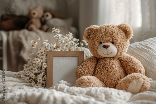 Cozy teddy bear surrounded by flowers in a softly lit bedroom setting
