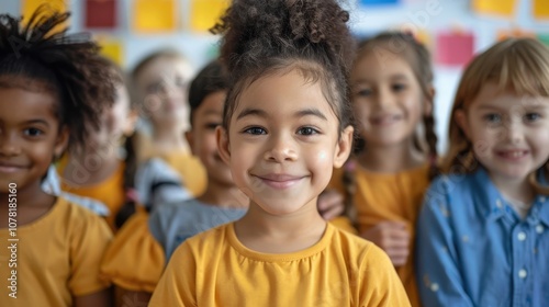A joyful group of kindergarten children in colorful outfits enjoying a fun classroom activity