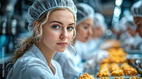 Young Female Worker in Food Production Facility Focused on Quality Control Amidst Peers Wearing Hairnets and White Coats in a Bright Industrial Kitchen Setting