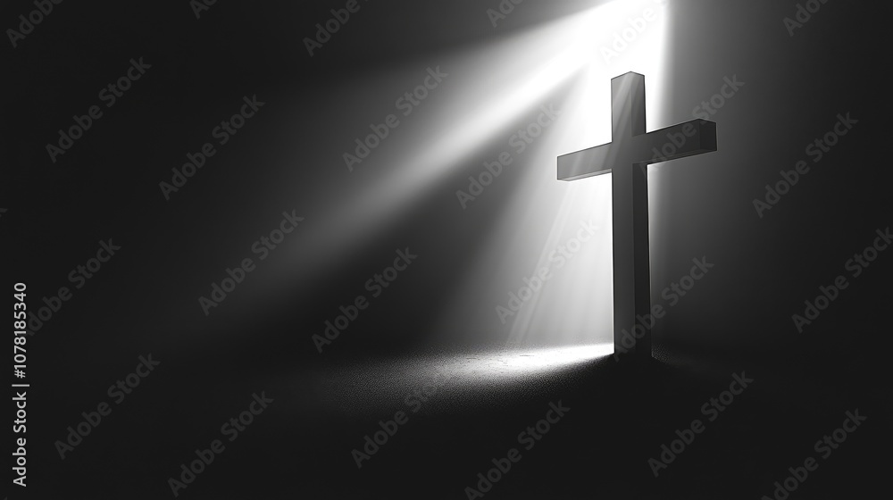 Naklejka premium Cross silhouette with a radiant light source, ideal for messages of hope and enlightenment