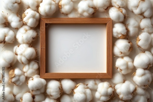 A wooden frame surrounded by fluffy cotton bolls on a textured surface at daytime