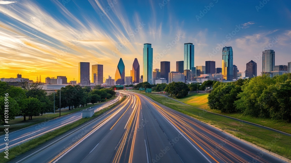 Sunset over a city skyline with light trails on a highway. Sunset over a city skyline with light trails on a highway.