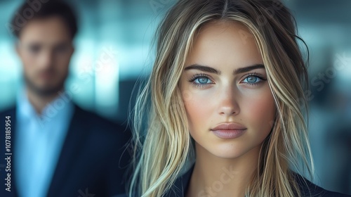 Wallpaper Mural Close-up Portrait of a Young Woman with Striking Blue Eyes and Long Blonde Hair, Capturing a Moment of Confidence and Elegance in an Urban Setting Torontodigital.ca