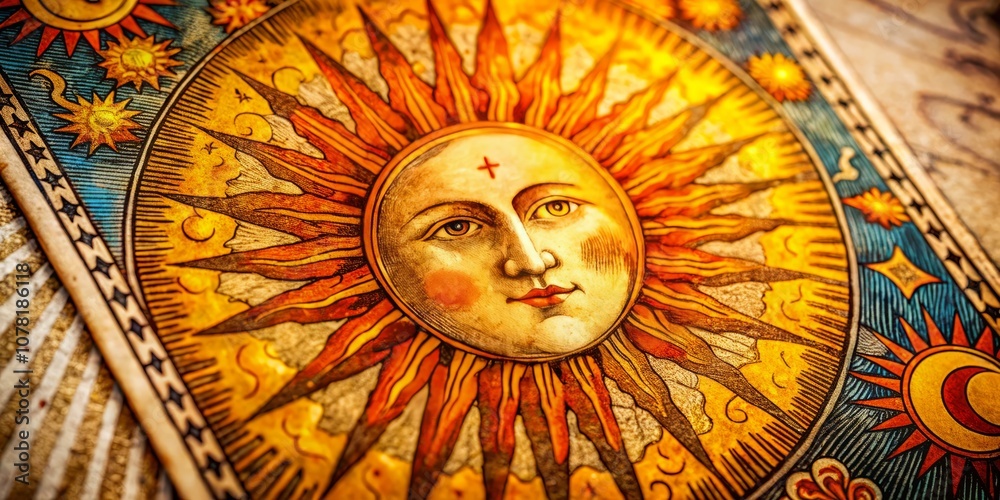Obraz premium Candid Photography of The Sun Tarot Card from an Antique Deck Featuring a Celestial Body with a Face, Illuminating Symbolism and Mystical Elements in Rich Colors