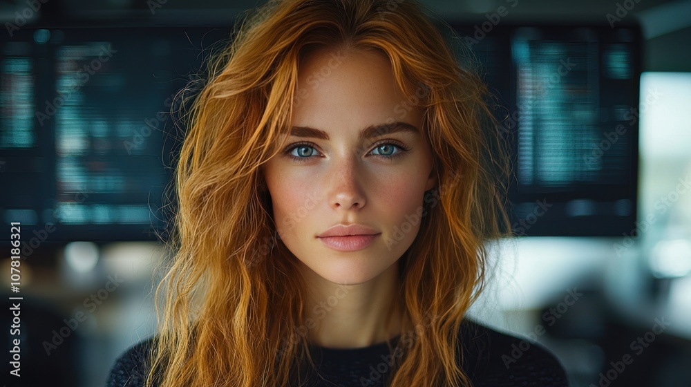 Fototapeta premium Stunning Portrait of a Young Woman with Long Red Hair and Bright Blue Eyes Against a Digital Background&nbsp;Displaying Technology and Innovation Concepts