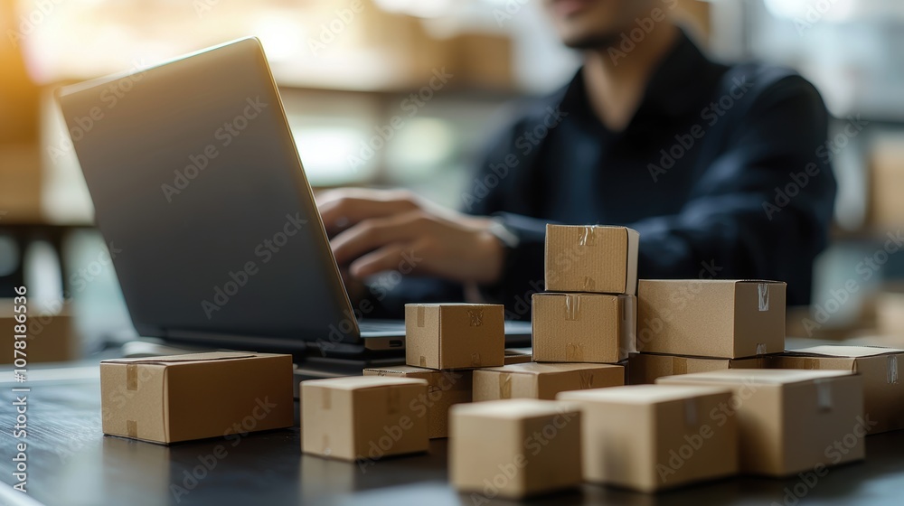 Man Working on Laptop Amongst Stacked Cardboard Boxes in Modern Warehouse Environment with Blurred Background and Soft Lighting Man Working on Laptop Amongst Stacked Cardboard Boxes in Modern Warehouse Environment with Blurred Background and Soft Lighting