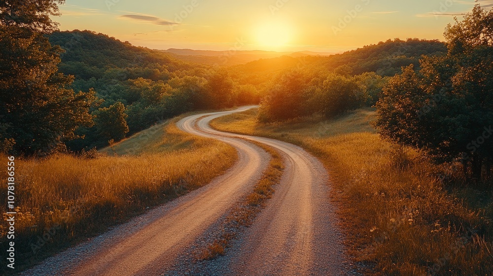 Obraz premium Serene sunset view of winding road through lush green hills for travel photography