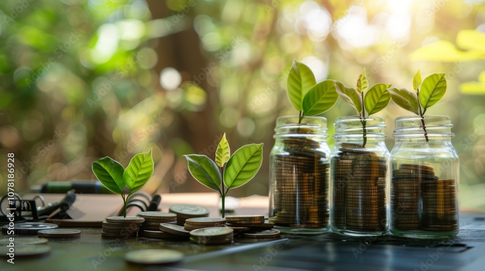 Growing stack of coins with green leaves symbolizing financial growth and sustainability in a vibrant natural setting Growing stack of coins with green leaves symbolizing financial growth and sustainability in a vibrant natural setting
