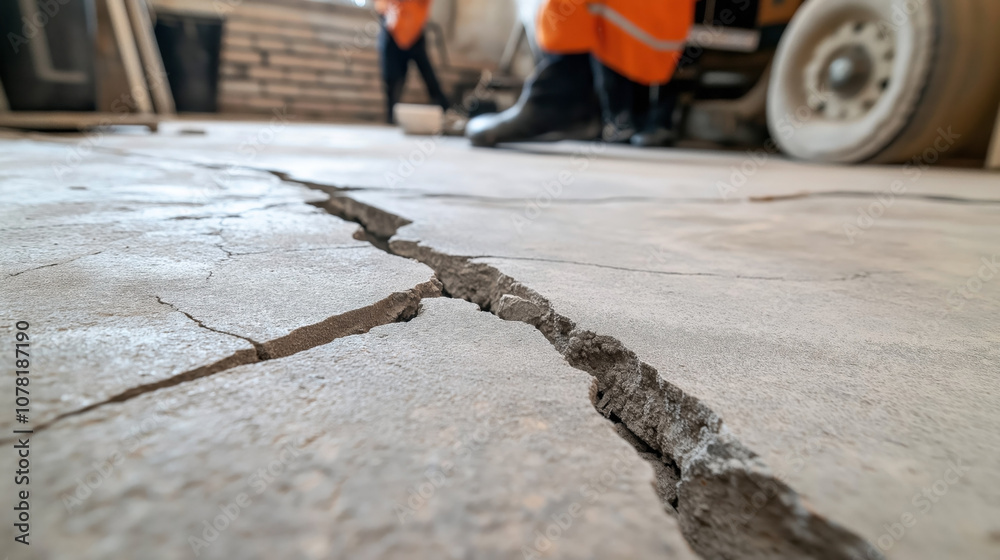 Close-up view of a large crack on a concrete floor with blurred construction workers and equipment in the background, suggesting structural damage or repair work in progress.