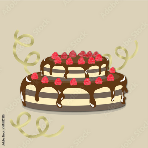 Vector illustration of a cake (possibly cheesecake) with chocolate glaze, decorated with raspberries