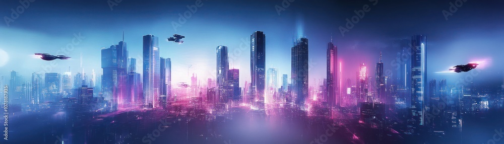 Futuristic cityscape with neon lights and flying drones in a vibrant urban environment. Futuristic cityscape with neon lights and flying drones in a vibrant urban environment.