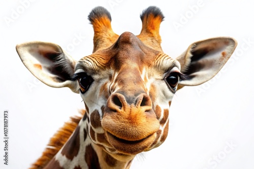 Whimsical giraffe head, stark white backdrop, sharp focus throughout. photo