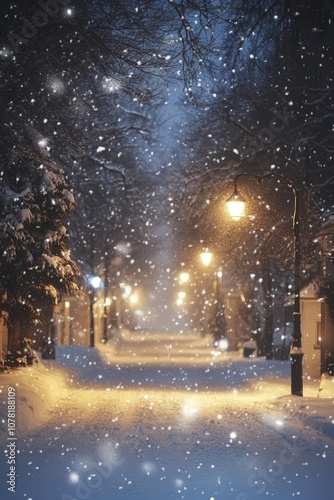 Snow Falling Gently on a Quiet Street Creates a Magical Winter Wonderland Experience