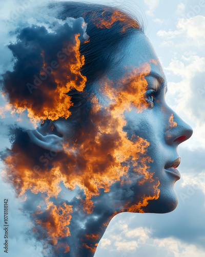 A woman's face is made of fire and smoke. The fire is orange and the smoke is white. The woman's face is surrounded by clouds and the sky is blue. Scene is intense and dramatic