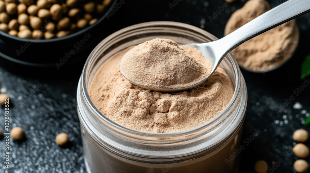 Close-up of a spoonful of beige soy protein powder in a jar on a dark surface with soybeans in the background