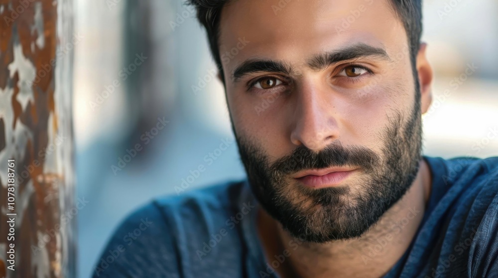 A contemplative bearded man gazes thoughtfully into the distance on a peaceful urban street A contemplative bearded man gazes thoughtfully into the distance on a peaceful urban street