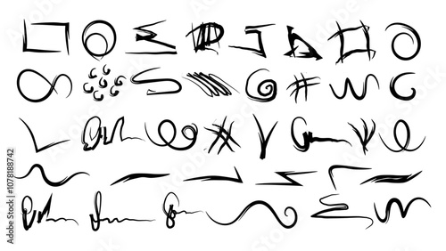 Black pen marker shapes. Set of black arrows. Hand drawn, doodle elements isolated on transparent background.