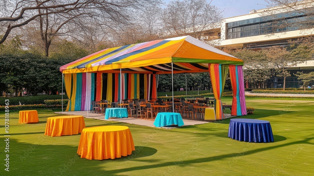Colorful striped tent with tables and chairs set up on a grassy lawn for an outdoor event. Colorful striped tent with tables and chairs set up on a grassy lawn for an outdoor event.