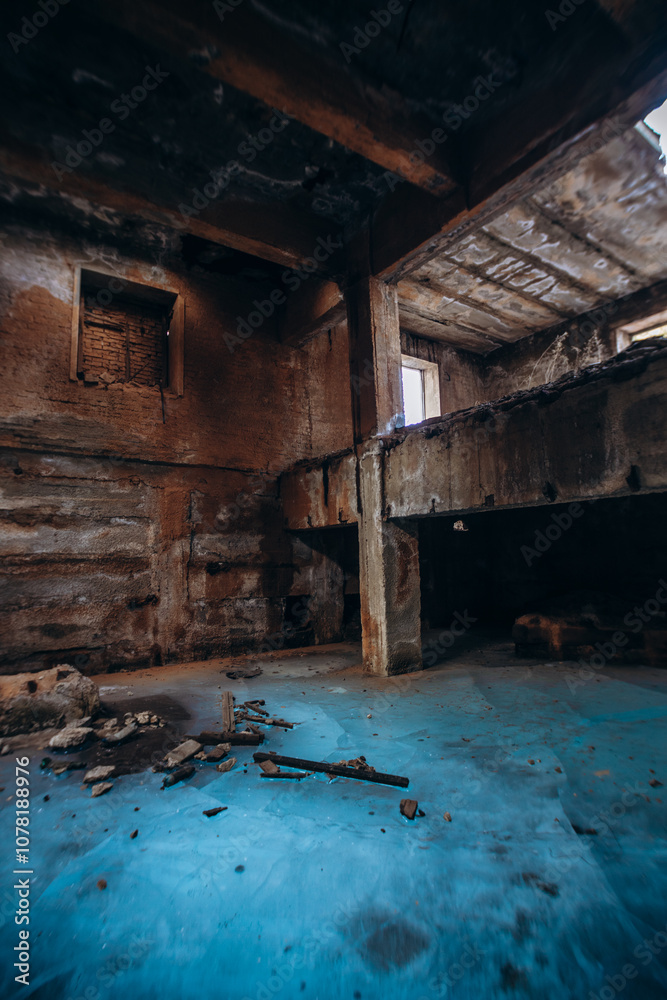 Soviet ruins of the plant. The abandoned building was overgrown with greenery and collapsed. Soviet ruins of the plant. The abandoned building was overgrown with greenery and collapsed.