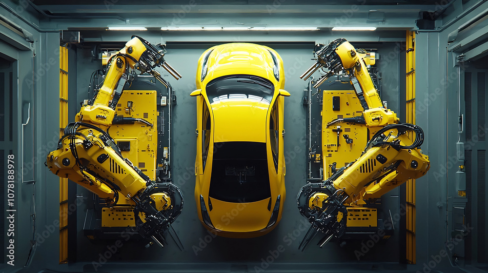 Detailed View of Robotic Arms in Automotive Factory Building with Bright Lighting Detailed View of Robotic Arms in Automotive Factory Building with Bright Lighting
