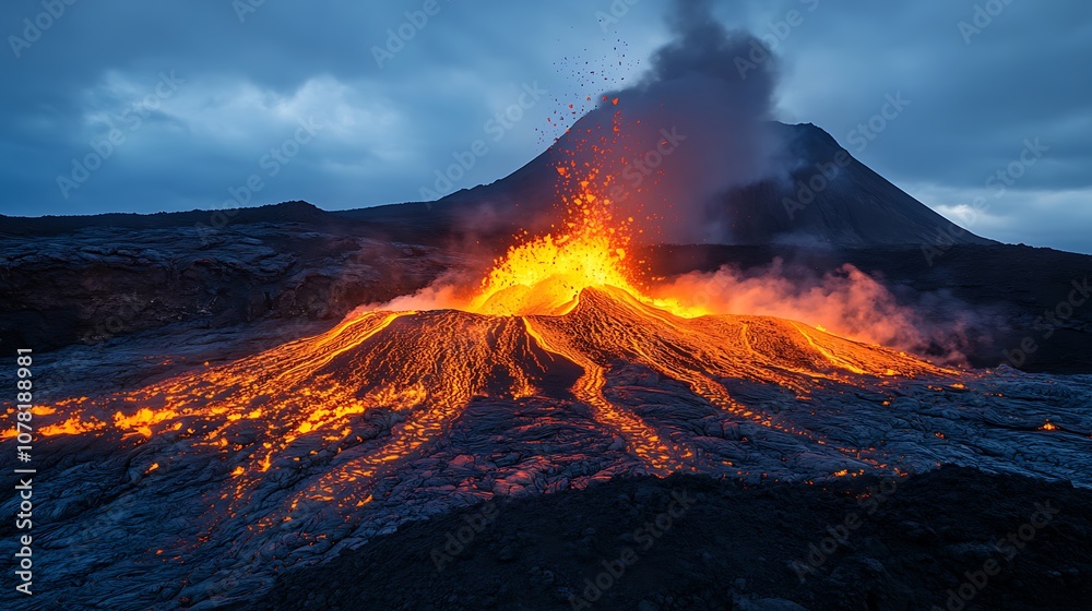 Towering volcano erupting with fiery lava against a dark, stormy sky for a dramatic background Towering volcano erupting with fiery lava against a dark, stormy sky for a dramatic background