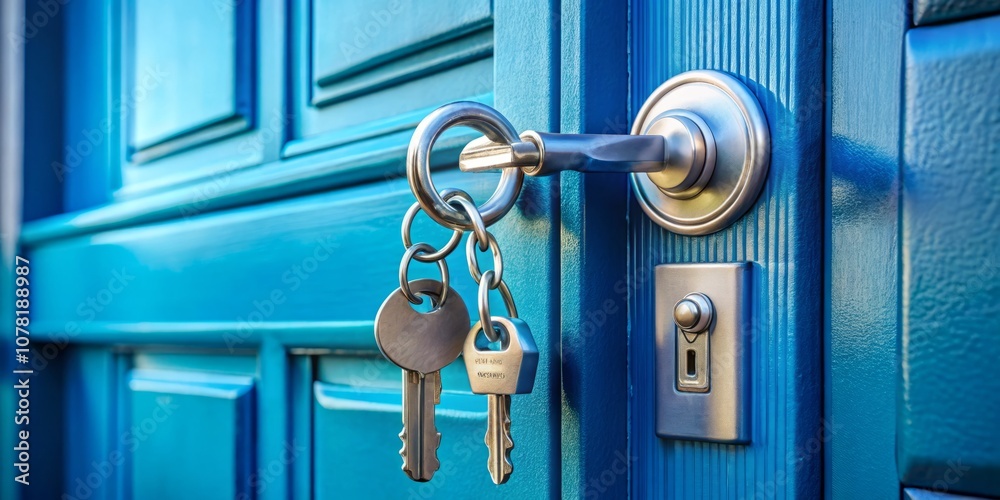 Obraz premium Close-Up of a House Key and Keychain in the Lock of a Modern Blue Door, Highlighting Intricate Details and Textures, Perfect for Home Security and Real Estate Imagery