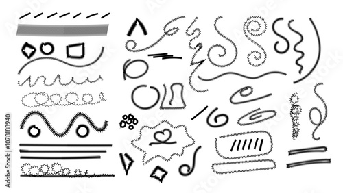 Black crayon or chalk scribbled lines hand painted arrows marker, lines, circle - vector illustration. Scribble hand draw  doodle ink. doodle elements isolated on transparent background.